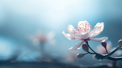 A single cherry blossom in focus, with a beautiful blue bokeh background giving a serene and tranquil feel.