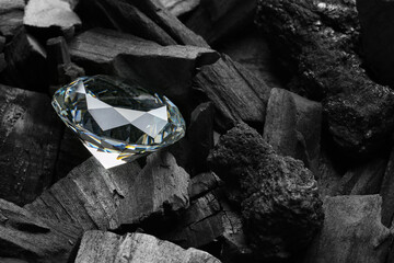 Beautiful shiny diamond on coal, closeup view