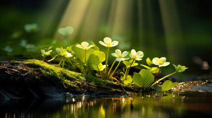 A tranquil scene of clover and moss by a calm body of water, illuminated by ethereal sunbeams.