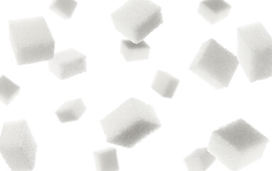 Cubes of sugar falling on white background