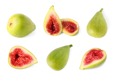 Fresh ripe green figs isolated on white, set