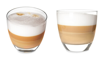 Delicious latte macchiato on white background, different angles