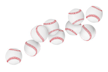 Many baseball balls flying on white background