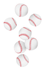 Many baseball balls flying on white background