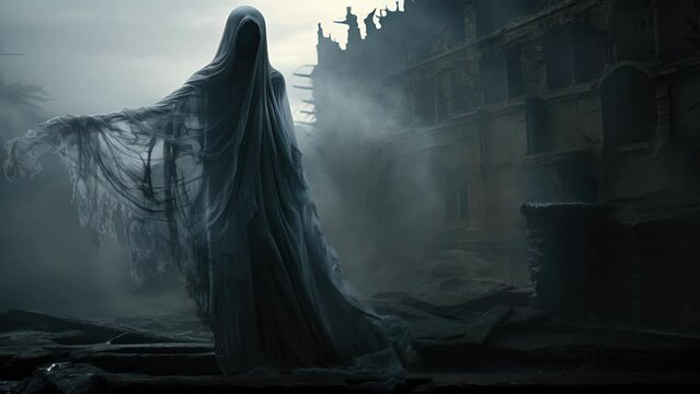 A spectral banshee in tattered billowing robes perches atop a ruined castle its piercing shriek echoing in the night.