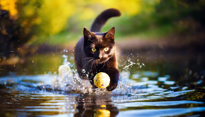 ボールを追いかけて水に入る黒猫 - obrazy, fototapety, plakaty