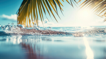 Sparkling sunlit water bubbles on the shore with a palm leaf frond against a tropical beach...
