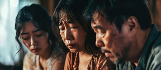 An Asian family in distress: mother comforting daughter, while father cries after a fight at home.