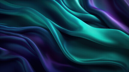 Fototapeta premium Vibrant teal and purple satin fabric undulating in waves, creating a dynamic and luxurious texture.