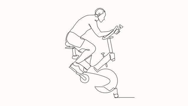 Continuous single line sketch drawing of athletic man riding static bicycle at gym for speed endurance training. One line art of fitness sport healthy footage video animation