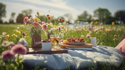 A sunny meadow picnic scene with fresh flowers, pastries, and a refreshing drink, invoking a leisurely summer vibe.