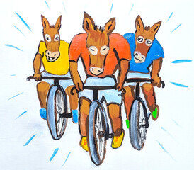 ロバの自転車ロードレースの水彩、手描き、イラスト、三頭のロバが自転車に乗って競走している
