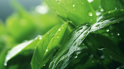 Close-up of fresh green leaves with sparkling raindrops, showcasing the refreshing essence of nature after rain.