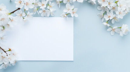Fototapeta na wymiar Delicate cherry blossoms frame a blank card on a soft blue background, ideal for a springtime message or invitation.