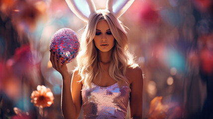A woman in bunny ears holds a reflective disco ball, blending festive Easter vibes with a party atmosphere. - obrazy, fototapety, plakaty
