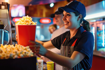 Smiling young woman working at a movie theater cafeteria holding a box of popcorn - obrazy, fototapety, plakaty