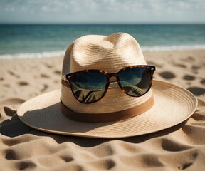 Hat and sunglasses combo on a beach