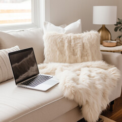 work from home details, laptop open on couch, faux fur textiles draped over couch, neutral palette