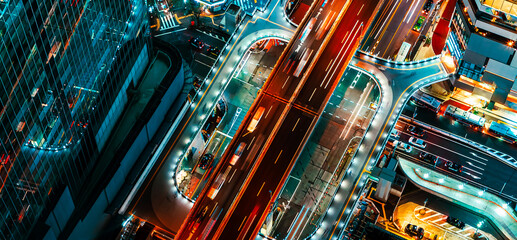 Aerial View of highways through Shibuya, Tokyo, Japan - obrazy, fototapety, plakaty