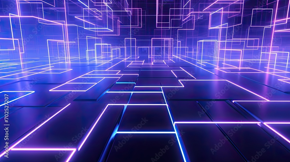 Poster 3d render, abstract geometric background with shapes and neon lines glowing in ultraviolet light
