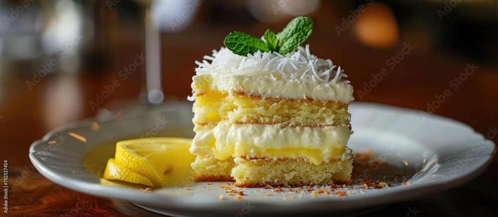 Poster Biscuit dessert with lemon, coconut flakes, and layered vanilla cake on a plate.