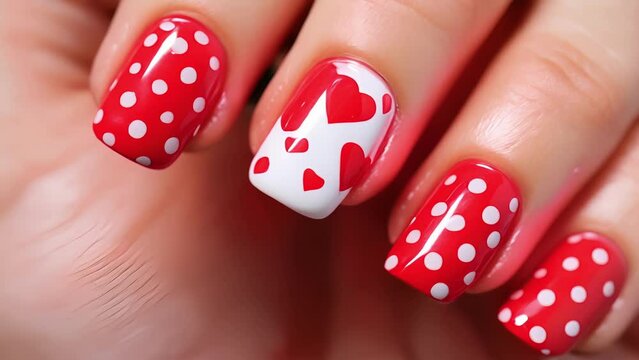 A detailed shot of a red and white polka dot nail design, with tiny silver hearts and a handdrawn cupids arrow for a playful and fun twist.