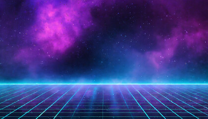 Synthwave vaporwave retrowave cyber background with copy space, laser grid, starry sky, blue and purple glows with smoke and particles. - obrazy, fototapety, plakaty