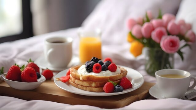Details of a lovingly prepared breakfast in bed, showcasing the effort put into making Mother's Day special, generative AI, background image