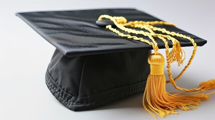Graduation cap with gold tassel isolated on white background