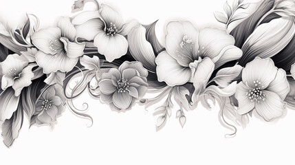 seamless black and white vintage floral border on white background - obrazy, fototapety, plakaty