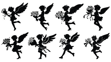 Illustration of a silhouette of Cupid holding a bouquet of flowers on Valentine's Day on a white background.
