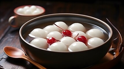Fototapeta na wymiar Tangyuan, A traditional Chinese dessert, Glutinous rice balls served in a hot broth or syrup in a bowl Sweet food of Lantern festival, Dongzhi (winter solstice) festival and Chinese new year