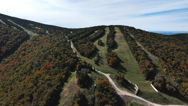 Mountain Resort With Forest In Fall Foliage. Killington Ski Resort In Rutland County, Vermont, USA. aerial shot