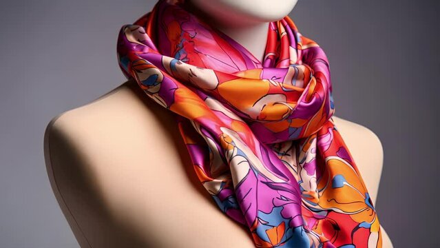 A luxurious silk scarf in a bold and vibrant floral pattern, tied elegantly around the neck of a mannequin.
