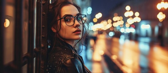 Fashionable brunette girl in trendy clothes and glasses enjoying city nightlife. Beautiful hipster in a leather jacket outside with street lights. - obrazy, fototapety, plakaty