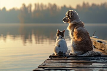Dog and cat sitting with their backs on a bridge by a lake - obrazy, fototapety, plakaty
