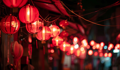 A night chinese event with red lanterns hanging over the street