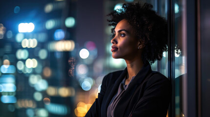 Obraz premium Close Up Portrait of Black Businesswoman Posing Next to Window in Big City Office with Skyscrapers Late At Night. 