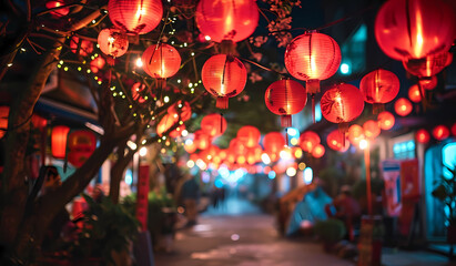 A night chinese event with red lanterns hanging over the street