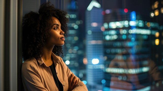 Close Up Portrait of Black Businesswoman Posing Next to Window in Big City Office with Skyscrapers Late At Night.	
