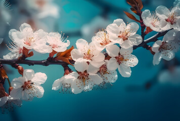 Blooming cherry and plum at sunset are very beautiful. Pure nature pleases a person with ecological beauty and a symbol of spring. - obrazy, fototapety, plakaty