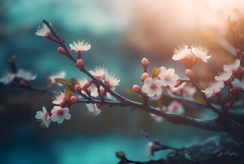Blooming cherry and plum at sunset are very beautiful. Pure nature pleases a person with ecological beauty and a symbol of spring. - obrazy, fototapety, plakaty