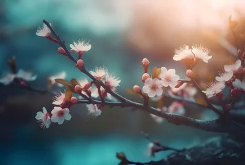 Poster Blooming cherry and plum at sunset are very beautiful. Pure nature pleases a person with ecological beauty and a symbol of spring. © Riz