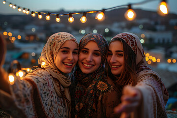 Group of happy muslim women wearing hijab taking selfie with mobile phone at sunset - Powered by Adobe