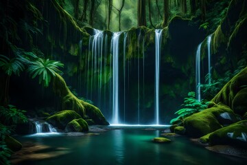 A concealed waterfall in a deep rainforest canyon, an eye catching scene
