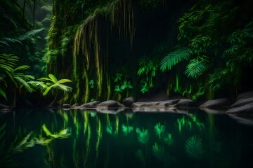 A tranquil rainforest pool reflects the lush cliffs and verdant foliage.