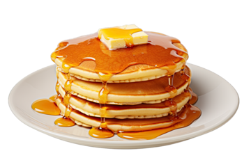 Stack of pancakes on a plate with syrup and butter