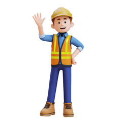 3D Construction Worker Character Waving Hand Pose