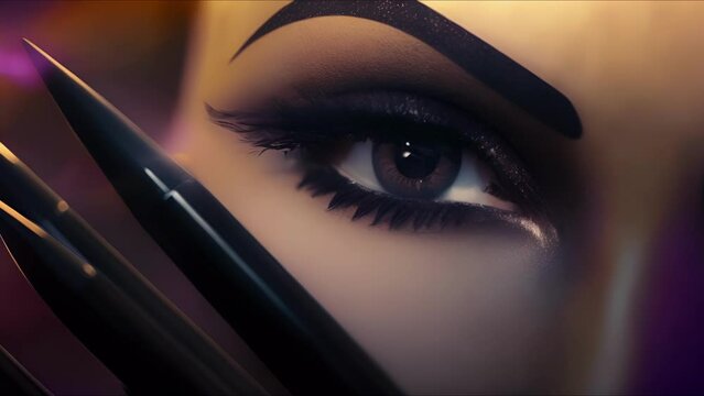 Closeup of a eyebrow pencil, shaping and defining brows to resemble the fierce arches of Angelina Jolies Maleficent character.