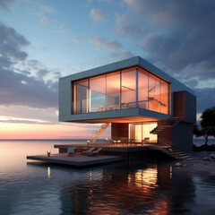modern white house, in a minimalist style, on the sea or ocean shore